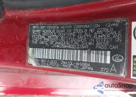 2013 Lexus Ct 200H из США, поврежденный, VIN JTHKD5BH4D2137349